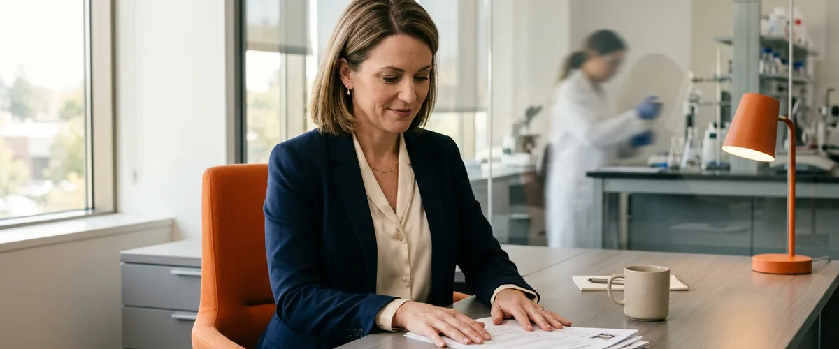 Hiring manager at a small science company reviewing resumes at her desk with a quality control lab behind glass