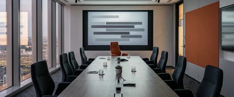 Empty boardroom at dusk with chairs pushed back and dimmed bar shapes on the wall screen after an AI pilot review