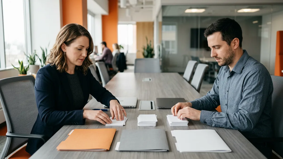Engineering lead and a colleague sorting blank index cards into three stacks beside orange, gray, and white folders at a conference table